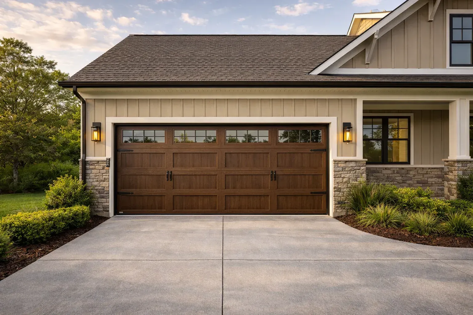 Garage door style example with a cedar-look carriage design