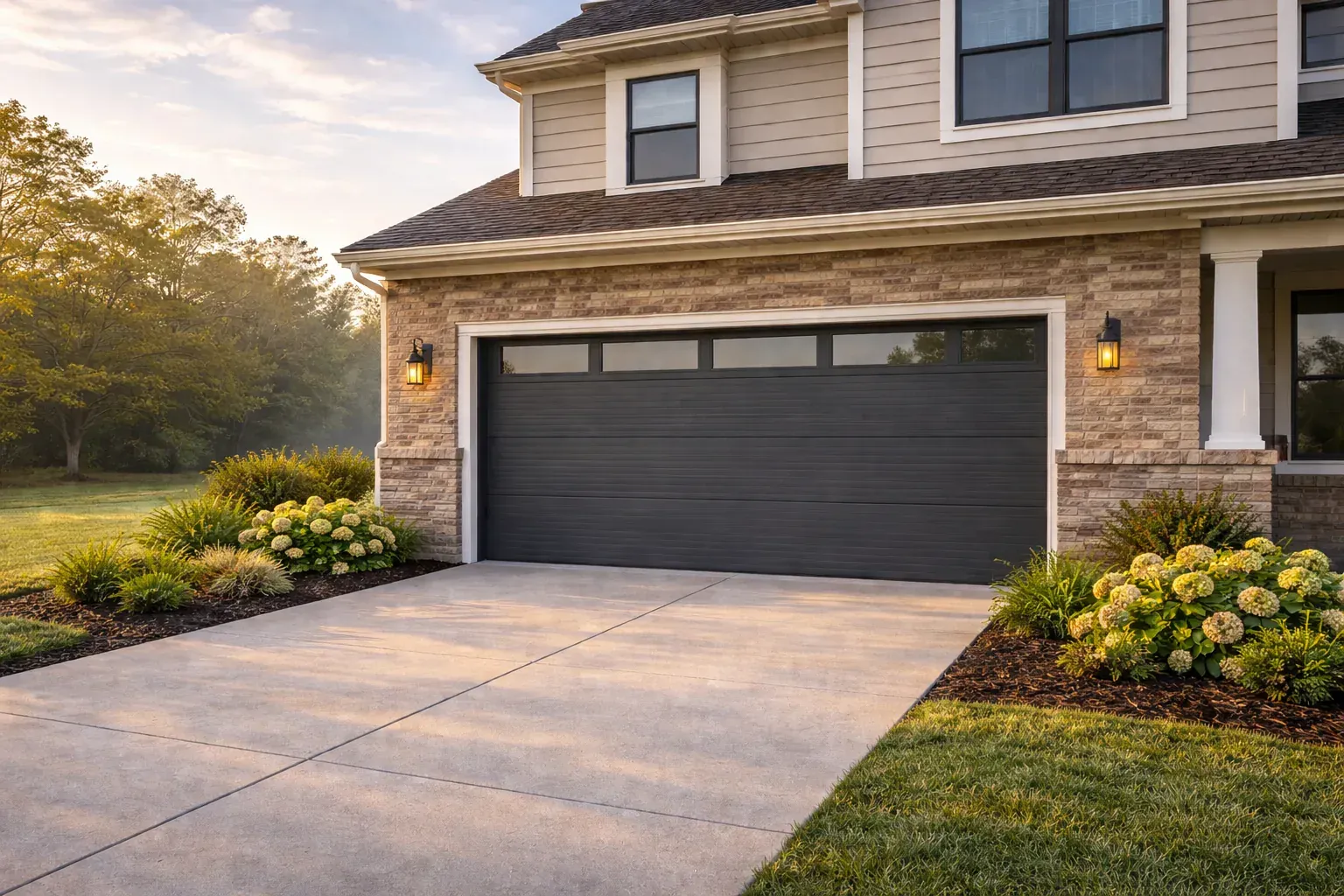 Garage door style example with modern charcoal panels