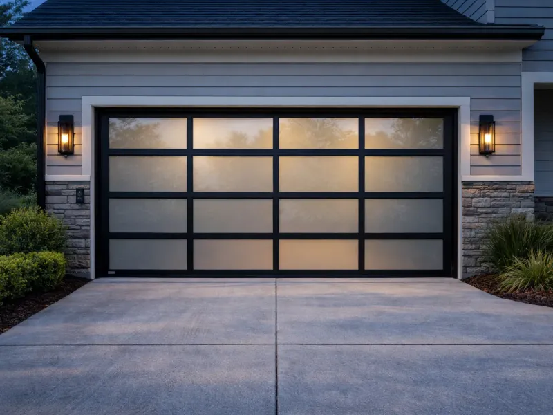 Modern residential home with garage door at dusk