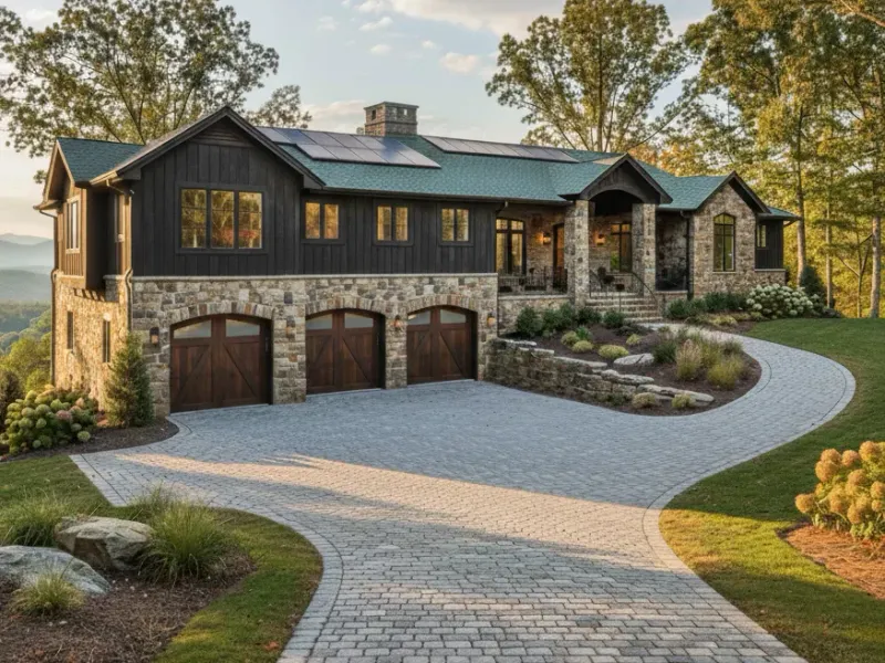 Modern home with a circular driveway and attached garage